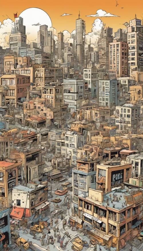 Uma movimentada cidade de desenho animado sob o sol escaldante da tarde, repleta de edifícios comerciais e ruas movimentadas.
