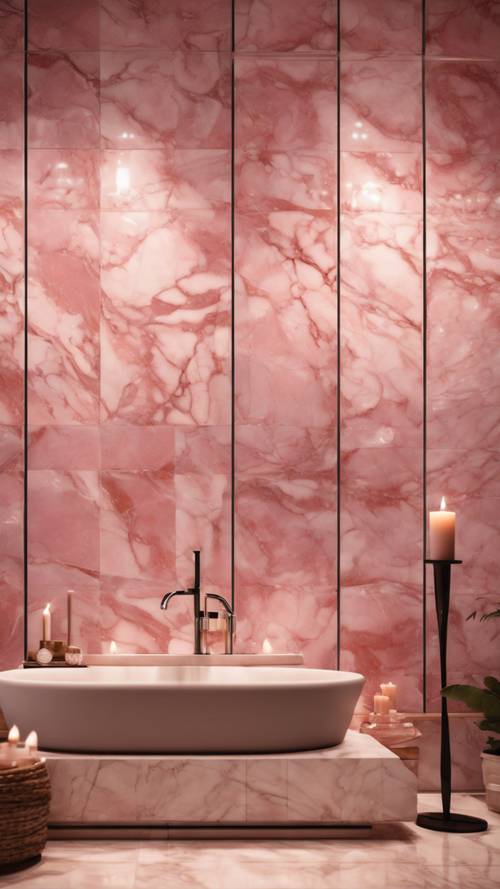 Ubin marmer merah muda menghiasi dinding kamar mandi mewah seperti spa, menghadap cahaya lilin yang hangat.