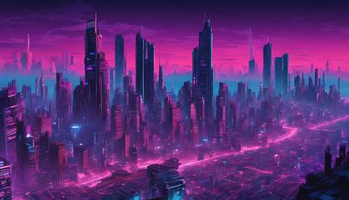 Un panorama sombre d’un paysage urbain numérique tentaculaire s’étendant à l’horizon, peint de bleus et de violets profonds.