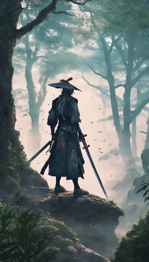 Um samurai empunhando uma espada estilo anime em pé em uma floresta antiga e enevoada.