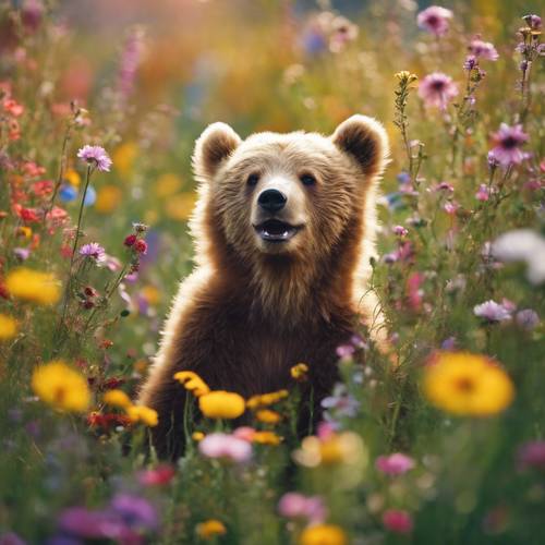 Seekor anak beruang lucu bersembunyi di tengah hamparan bunga liar berwarna-warni dengan senyum gembira di wajahnya, dengan gembira menyambut datangnya musim semi.