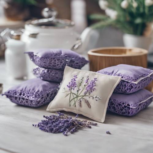 Several lavender sachets with embroidered fabric, a kitchen shelf in the background. Tapet [a3120f921777432ab085]