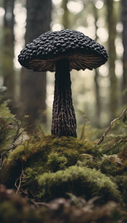 這是一個超現實的場景，巨大的黑色羊肚菌聳立在一片魔法小森林之上。