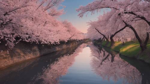 Linia kwitnących wiśni pochylona nad spokojną, wolno płynącą rzeką w świetle wczesnego świtu.