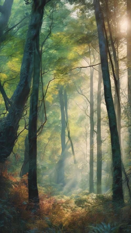 Une peinture abstraite d’une forêt tranquille au petit matin. Fond d&#39;écran [1569a18c56fa49548908]