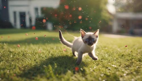 A playful Siamese kitten chasing after a red laser dot on a grassy lawn