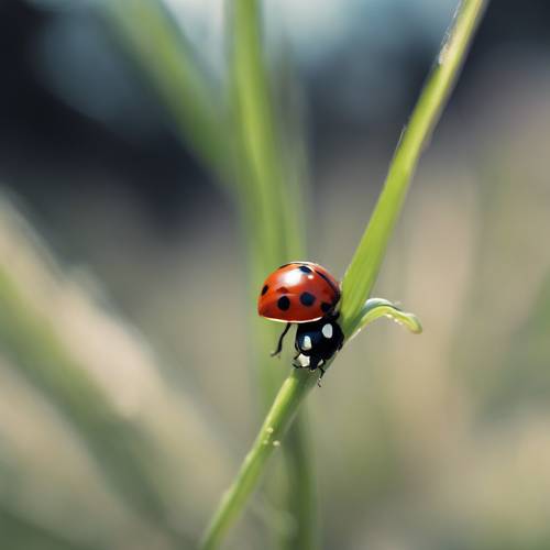 特写：一片黑色的草叶，上面有一只瓢虫在移动。