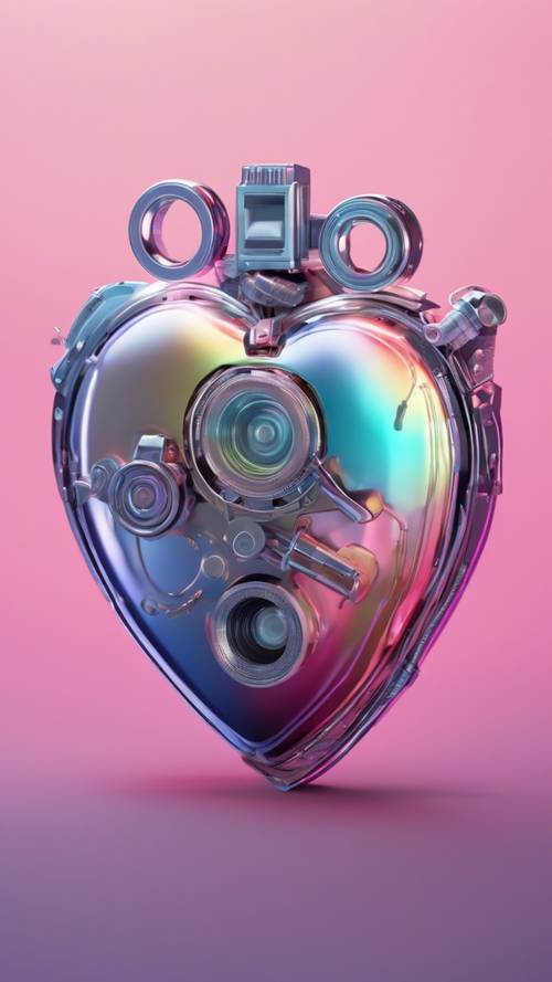 Um coração digital com tema Y2K ilustrado com gradientes pastel e acabamentos cromados.