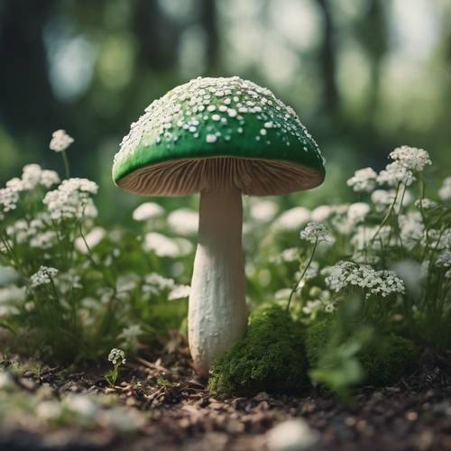 Um grande cogumelo verde ofuscando pequenas flores brancas em um jardim.