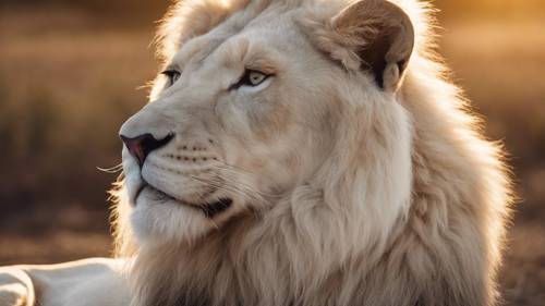 Seekor singa putih yang megah, induknya bersinar romantis di bawah matahari terbenam, memandang ke kejauhan.