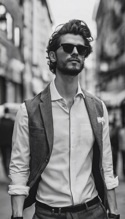 Ein stylischer Blogger-Hipster-Mann in einem adretten schwarz-weißen Outfit spaziert durch ein Stadtgebiet.