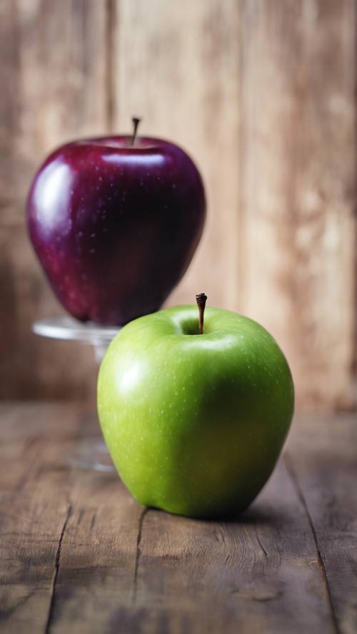 一個青蘋果和一個紫色李子並排放在木桌上。