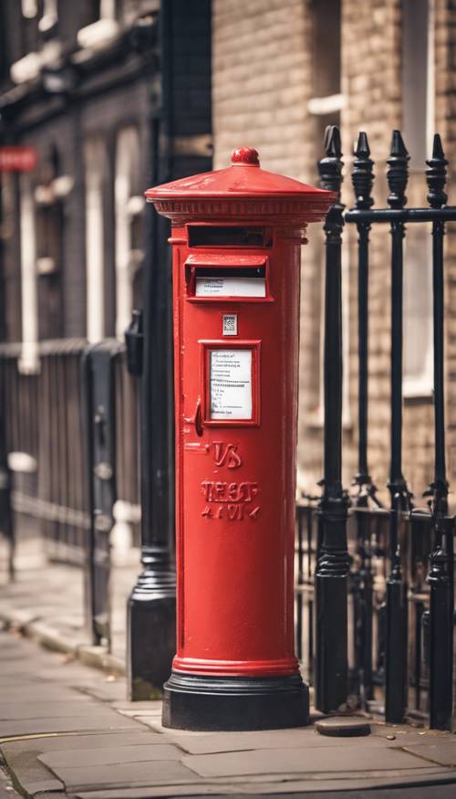 ตู้ไปรษณีย์สีแดงสไตล์วินเทจยืนอยู่คนเดียวบนถนนในลอนดอนในช่วงทศวรรษปี 1800