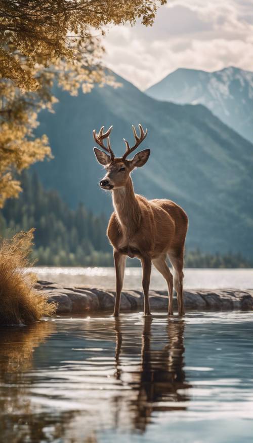 A gentle deer drinking water from a crystal-clear lake against the backdrop of silent, majestic mountains