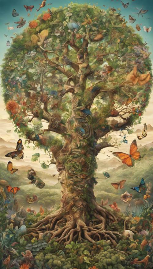 An epic mural depicting a tree of life with different species of plants growing on each branch, teeming with biodiversity. Wallpaper [e9647e889f8b42eb9cc5]