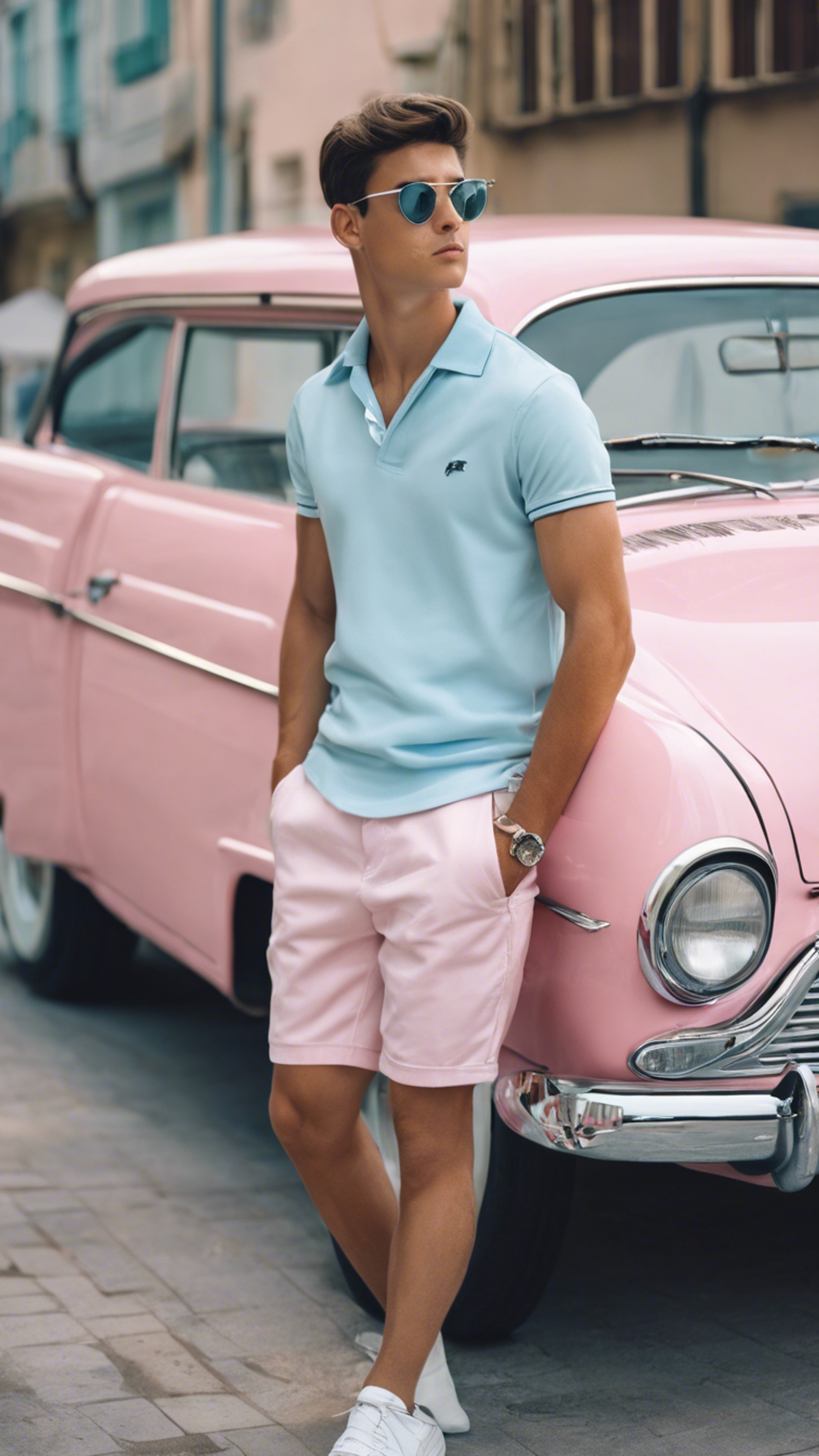 A young man in a preppy outfit of a pink polo and white shorts, leaning against a vintage pastel blue car. Wallpaper[06a1489580244fdfbfdf]