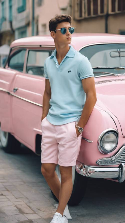 Um jovem com uma roupa elegante de pólo rosa e shorts brancos, encostado em um carro vintage azul pastel.
