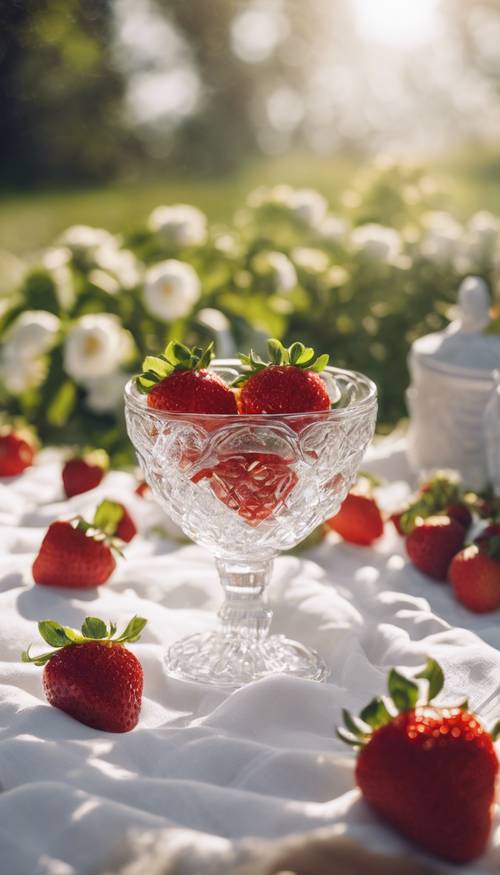 A close-up of sun-ripened strawberries and cream in a crystal bowl on a white picnic blanket next to a blooming rose bush in the height of summer.