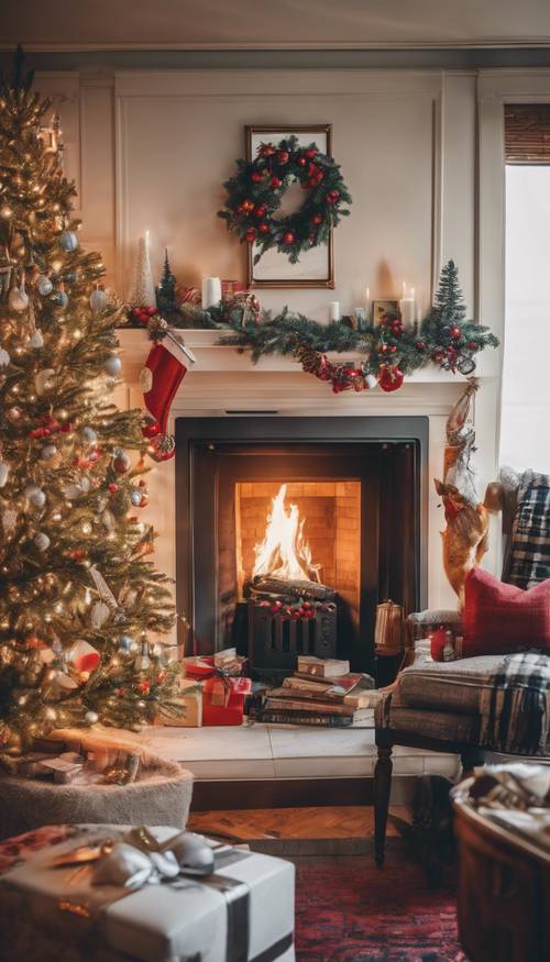 Habitación de estilo preppy con una chimenea rugiente y decorada con reliquias navideñas vintage.