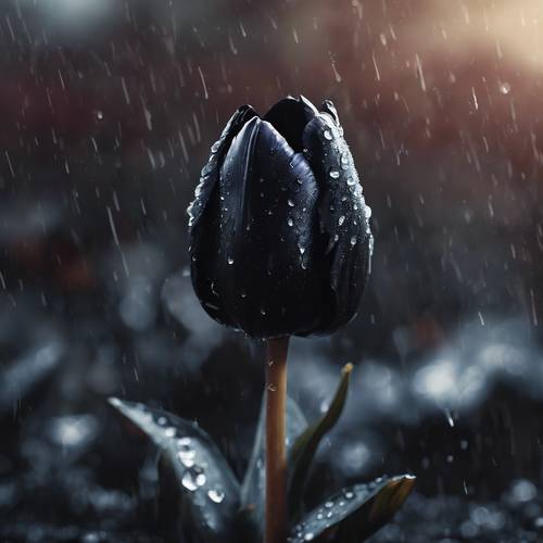 Uma única tulipa negra abrindo suas pétalas sob a chuva em um mundo de fantasia gótica.