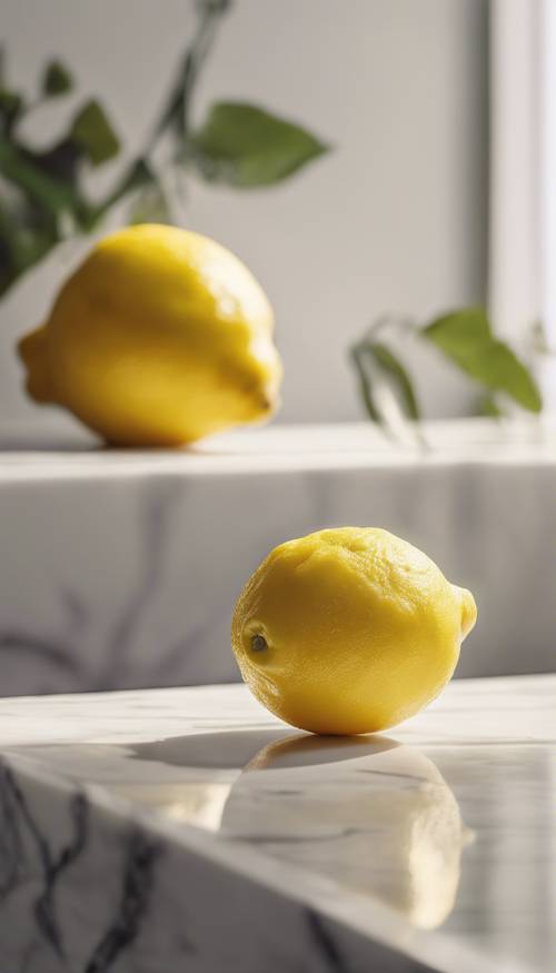 A single, bright lemon positioned on a white marble countertop, lit by soft sunlight.