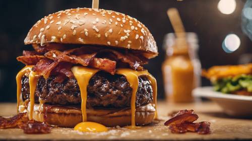 Um hambúrguer alto com bacon extra e queijo pingando.