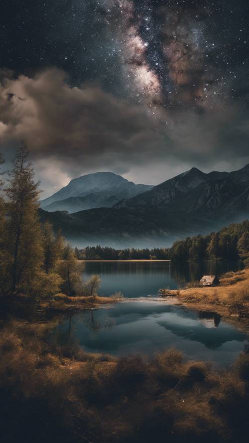 Uma paisagem noturna sonhadora de um lago tranquilo situado em uma paisagem montanhosa, sob um céu estrelado.