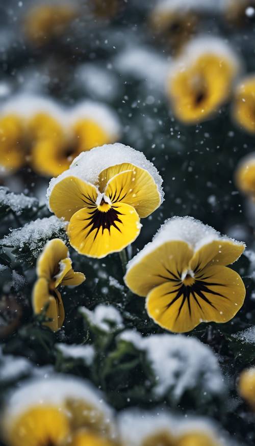 A close-up image of a yellow pansy endangered by a light snow in the middle of winter.