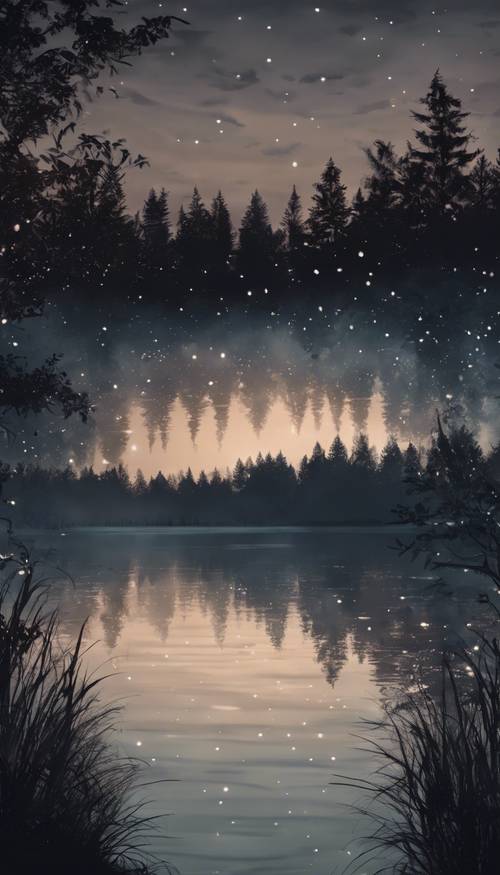 Pemandangan malam yang menenangkan di tepi danau, dilukis dengan cat air yang gelap dan menenangkan.