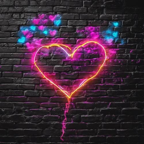 Neon colored heart graffiti on a black brick wall.