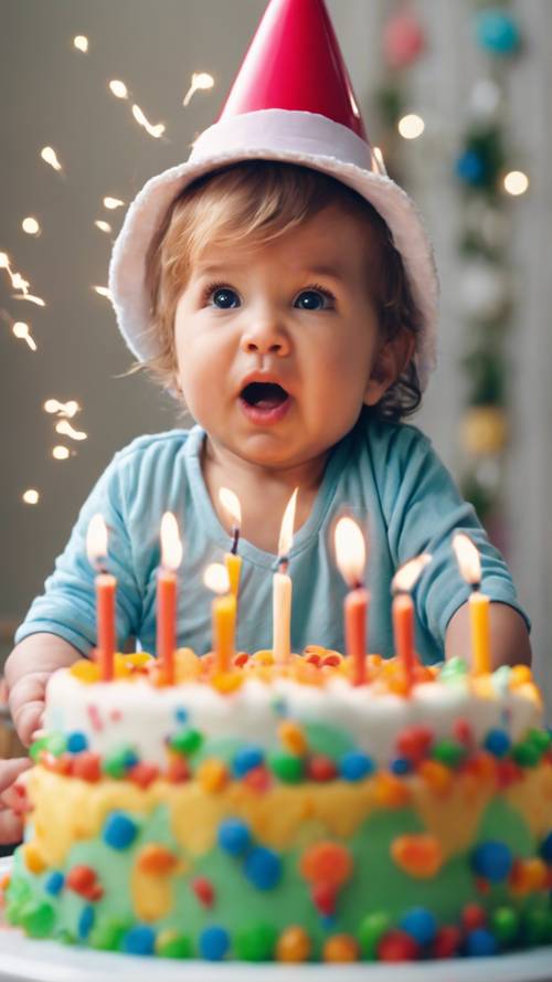 Seorang balita menggemaskan mencoba meniup lilin di kue ulang tahunnya yang berwarna-warni, sambil mengenakan topi ulang tahun yang lucu.