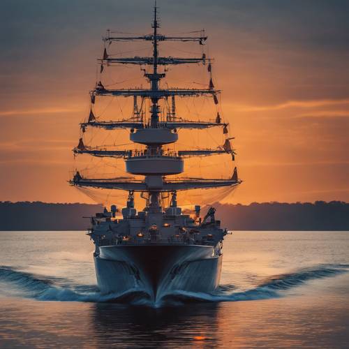 Navio de guerra naval em azul marinho e laranja zarpando ao nascer do sol.