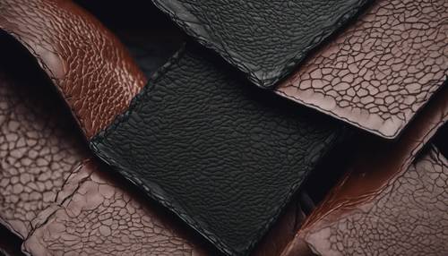 An elegant design of deeply dark, glossy leather patches forming a seamless pattern.