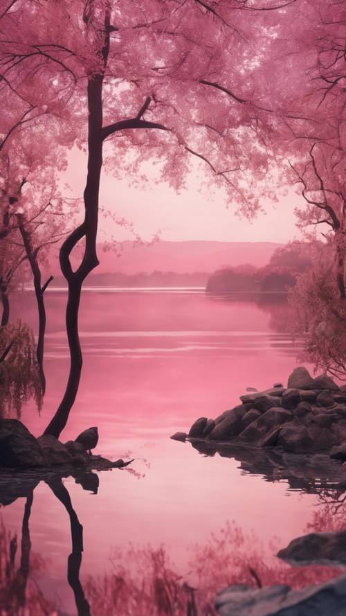 Matahari terbit berwarna merah muda tercermin di danau yang tenang.