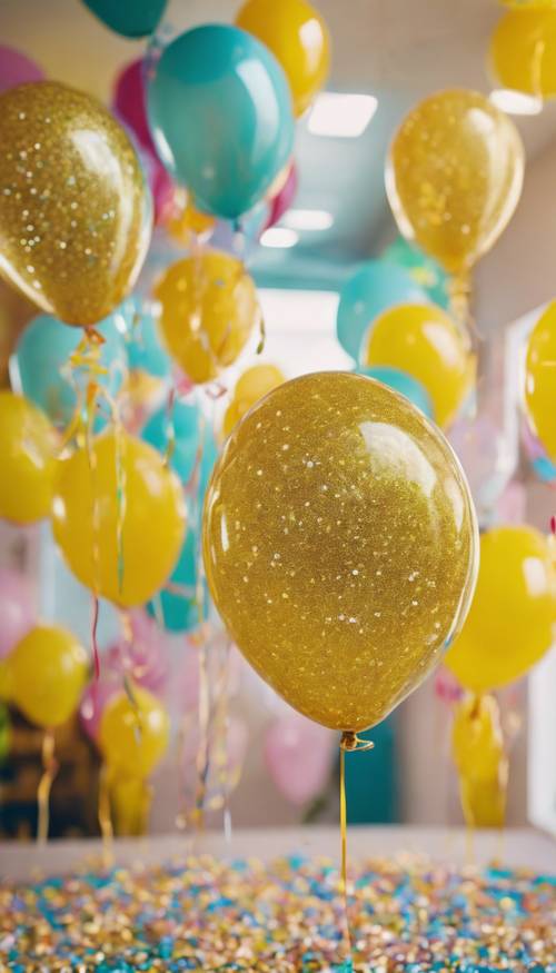 在一个热闹的儿童生日聚会上，黄色亮片在鲜艳的气球上闪闪发光。