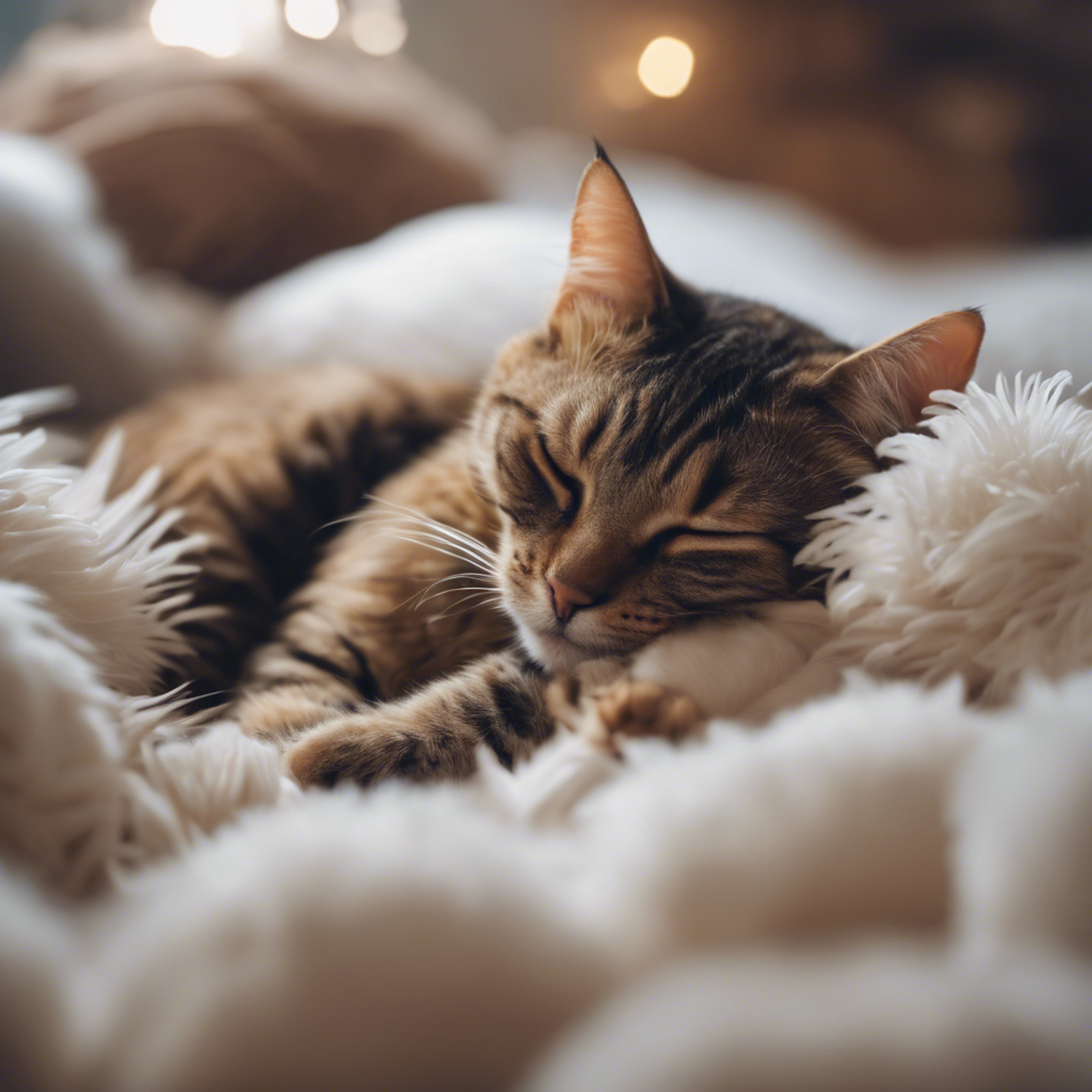 A cat sleeping soundly, completely submerged in a sea of cozy, fluffy pillows. טפט[9e78fe4df88a4e90bb06]