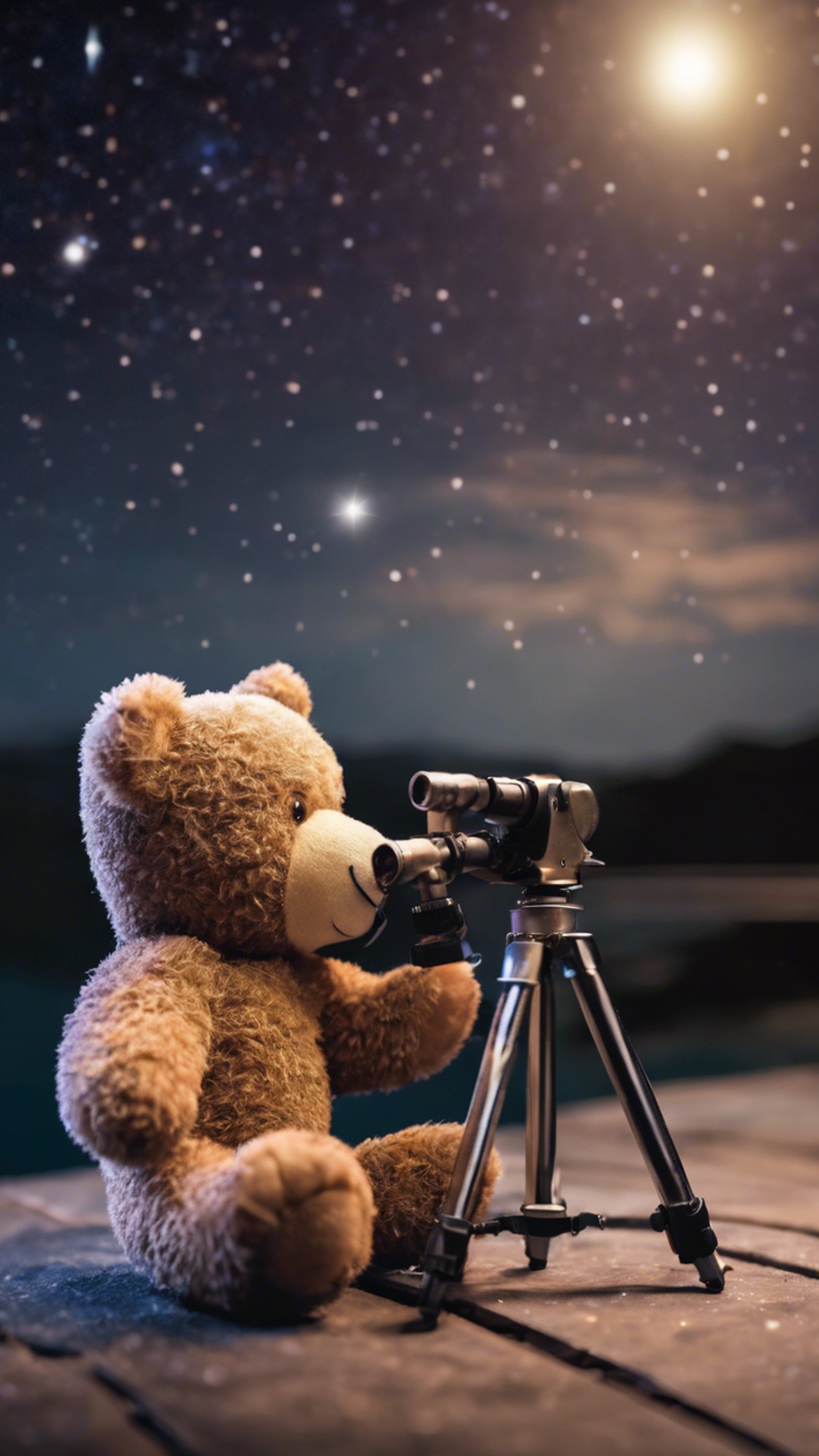 A teddy bear stargazing with a tiny telescope in a calm, clear night.壁紙[9f6781f4ef104e0c80aa]