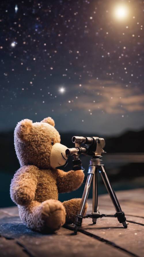 Seekor boneka beruang mengamati bintang dengan teleskop kecil di malam yang tenang dan cerah.