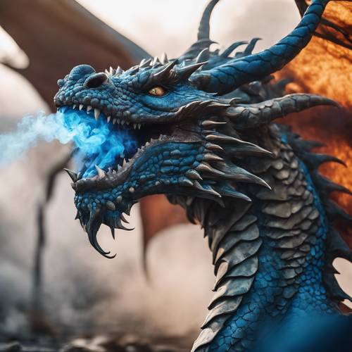 Фэнтезийный дракон, выдыхающий яростный синий дым.