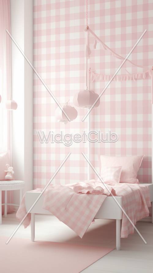 兒童粉紅格子房間裝飾