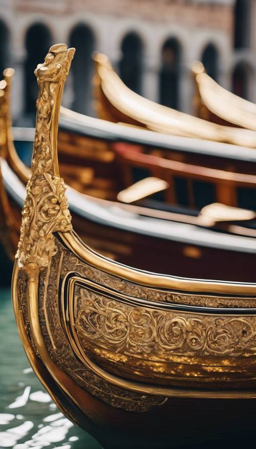 Primo piano di una gondola veneziana dorata, caratterizzata da intricate strisce dorate.
