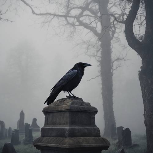 A raven perched on a weathered tombstone in the midst of a thick foggy evening.