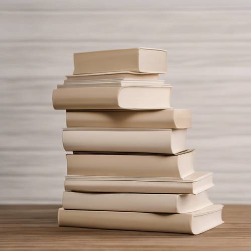 Uma coleção de livros minimalistas em bege e branco empilhados ordenadamente sobre uma mesa de madeira.