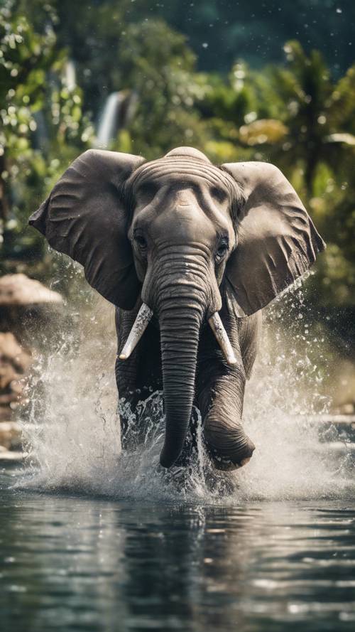 Seekor bayi gajah bermain air di laguna, dengan air terjun di belakangnya.