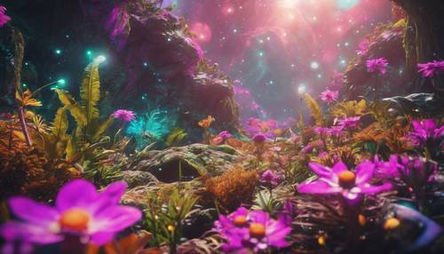 An alien world with lush, psychedelic flora and fauna.