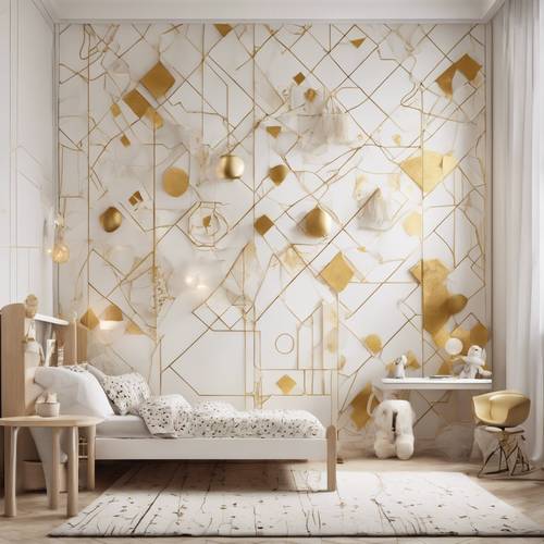 A playful child's room with white and gold geometric wall patterns. Tapet [1994f10a670e4cd8a962]