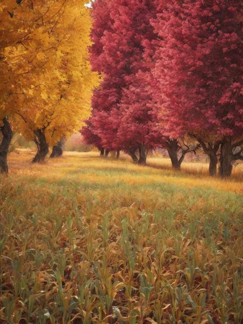 Arka planda rengarenk ağaçlar bulunan canlı ve genişleyen bir mısır tarlası, yaprakların renkleri Şükran Günü&#39;nün sonbahar manzarasının özünü ifade ediyor.