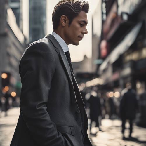 번화한 도심 거리에서 짙은 회색의 테일러드 슈트를 입은 사람.