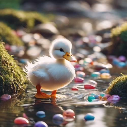 Un pato Pekín blanco kawaii con rasgos angelicales jugando en un arroyo claro con guijarros de colores.