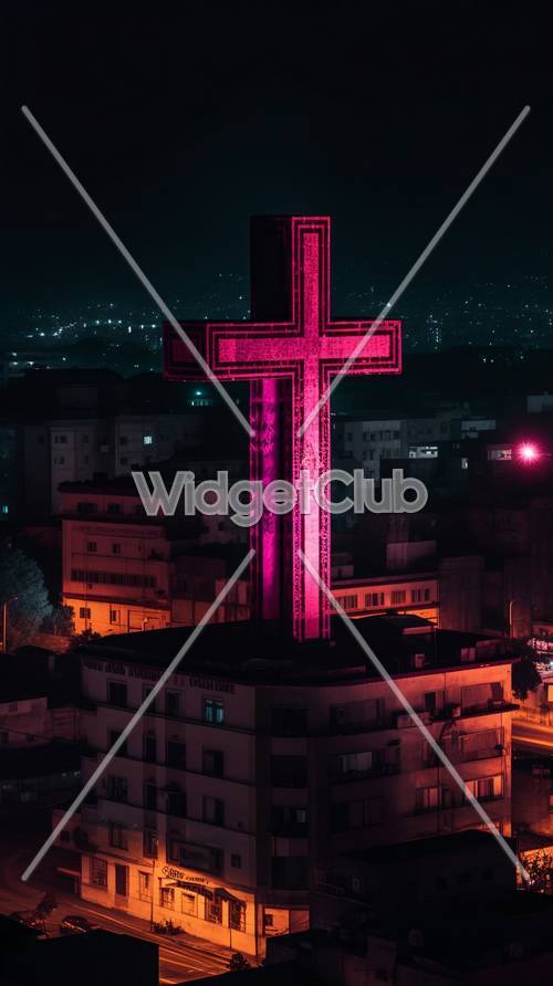 Neonowy krzyż nad miastem nocą